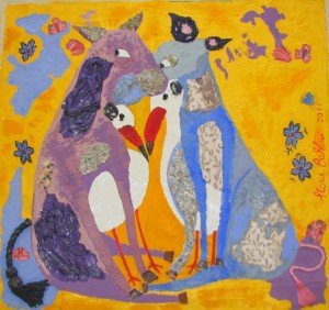 Gloria Baldazzi - Amore senza confini - olio su tela con merletti e sassi - 2011 - 92x87