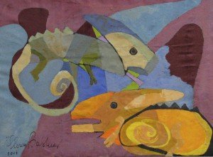 Gloria Baldazzi - Arcosauri - rettili diapsidi con 2 finestre sul cranio - tecnica mista su tela - 2011 - 75x55