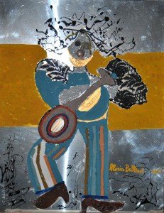 Gloria Baldazzi - Clown con mandolino - tecnica mista su lastra di metallo con fili elettrici, monetine e sassi, carta vetrata, merletto e corteccia di palma - 2011 - 40x50