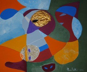 Gloria Baldazzi - Come si cambia - tecnica mista su tela con rame, malta di cristallo, bacche, carta da parati - 2012 - 50x60