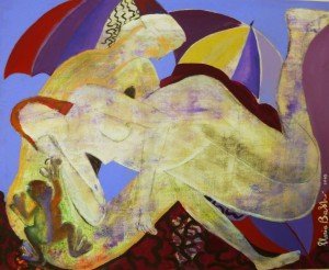 Gloria Baldazzi - Composizione di nudi con rana -mista su tela estemporanea in studio-2013-84x69