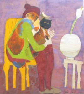 Gloria Baldazzi - girl huggings her cats - olio e smalto su tela con fusione di plastica - 2011