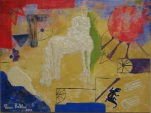 Gloria Baldazzi - Il cavallo al centro della storia - tecnica mista su tela con cemento e resina - 2012 - 67x50