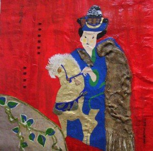 Gloria Baldazzi - Il samurai - tecnica mista con olio, acrilici, sabbia di fiume, corallo, stoffe . 2011 - 100x102
