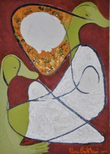 Gloria Baldazzi - Leda e i cigni - tecnica mista su tela con cemento, garze e trifoglio - 2012 - 50x70