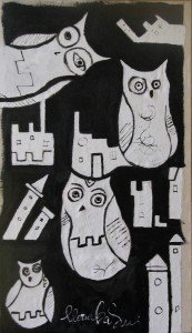 Gloria Baldazzi - L'oscuro mondo dei gufi - tecnica mista su tela - 2011 - 76x45